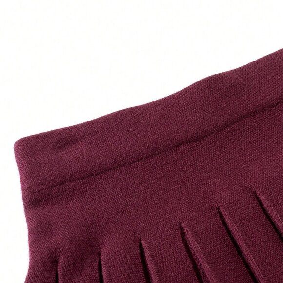 Burgundy Casual Women's Pleated Knit Sweater & Mini Skirt Set - Picture 3 of 8